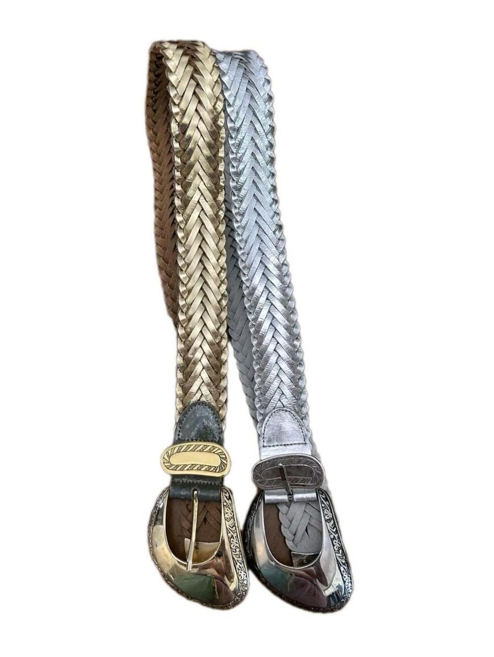 VTG Braided Metallic Leather Belts Big Buckle Gold & Silver Lot of 2 36" for 34W